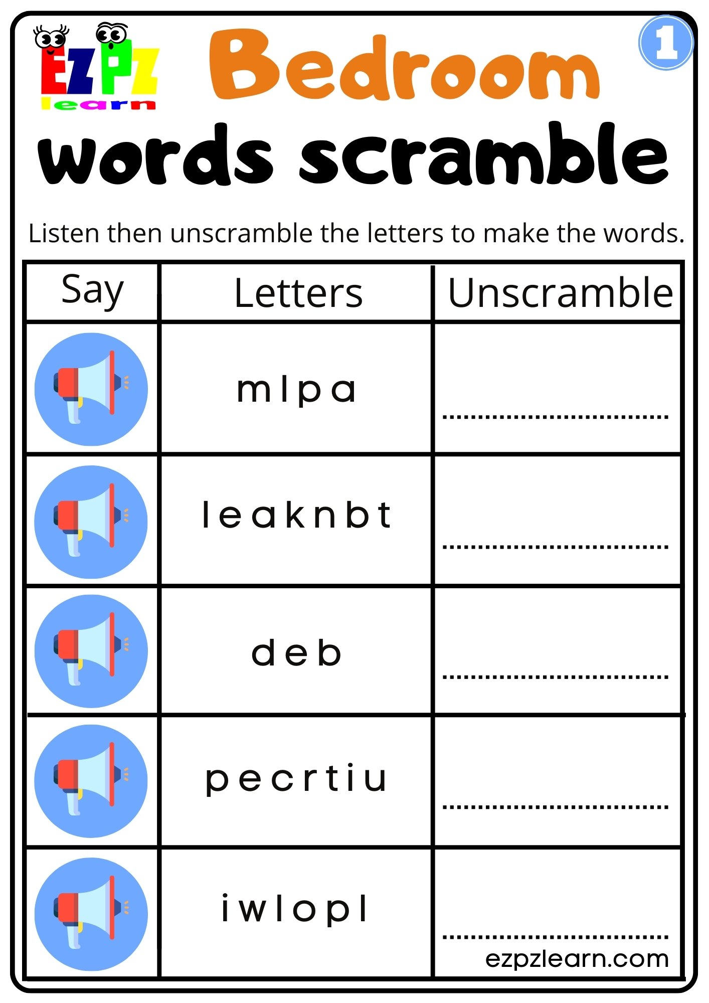 Bedroom Interactive Vocabulary Worksheet Listen, Unscramble and Write